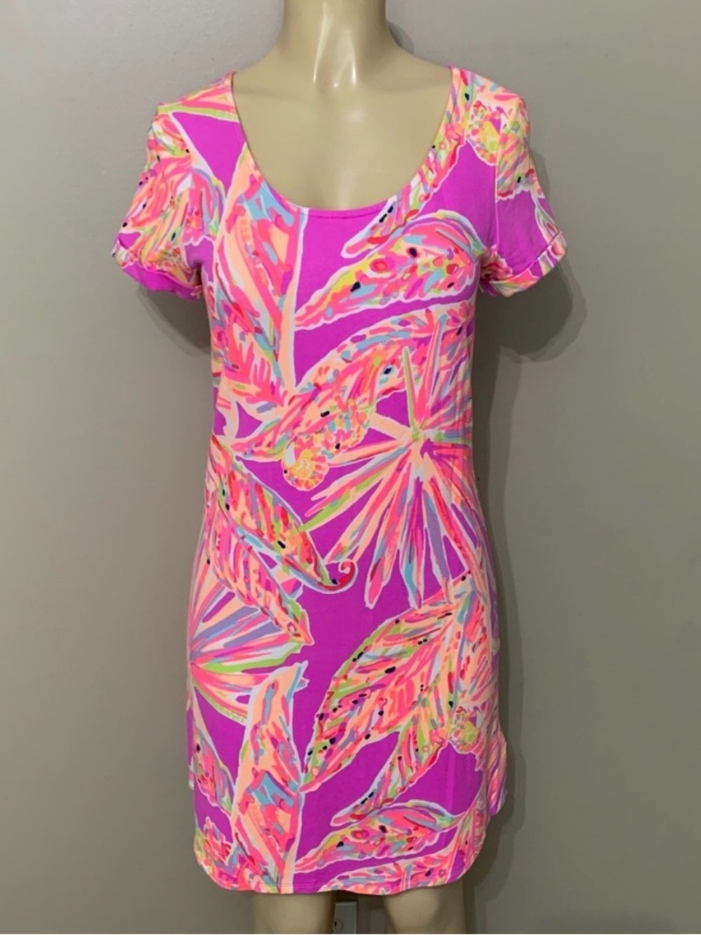 Lilly Pulitzer Pink Purple Tropical Palm Print Swing Dress  Scoop Neck Small